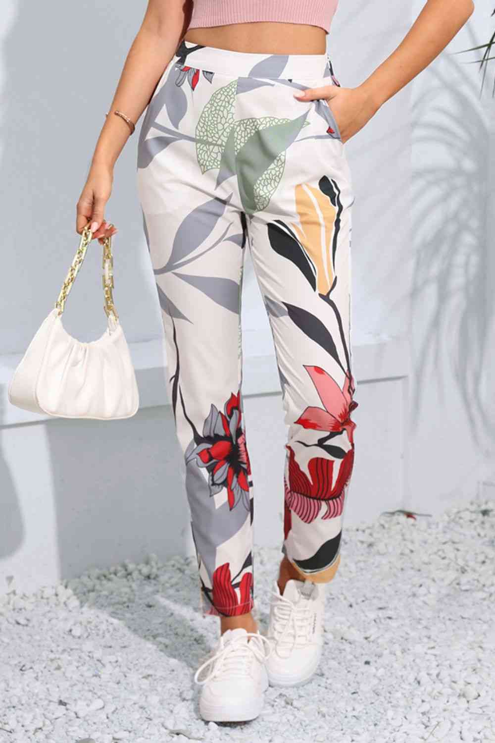 Floral Print Cropped Pants with Pockets - T - 1 COLOR -