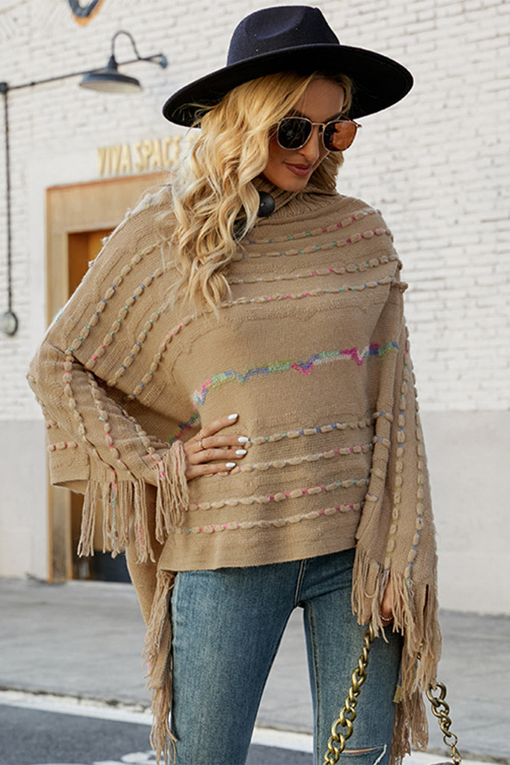 Cloak Sleeve Fringe Detail Poncho - T - 6 COLORS -