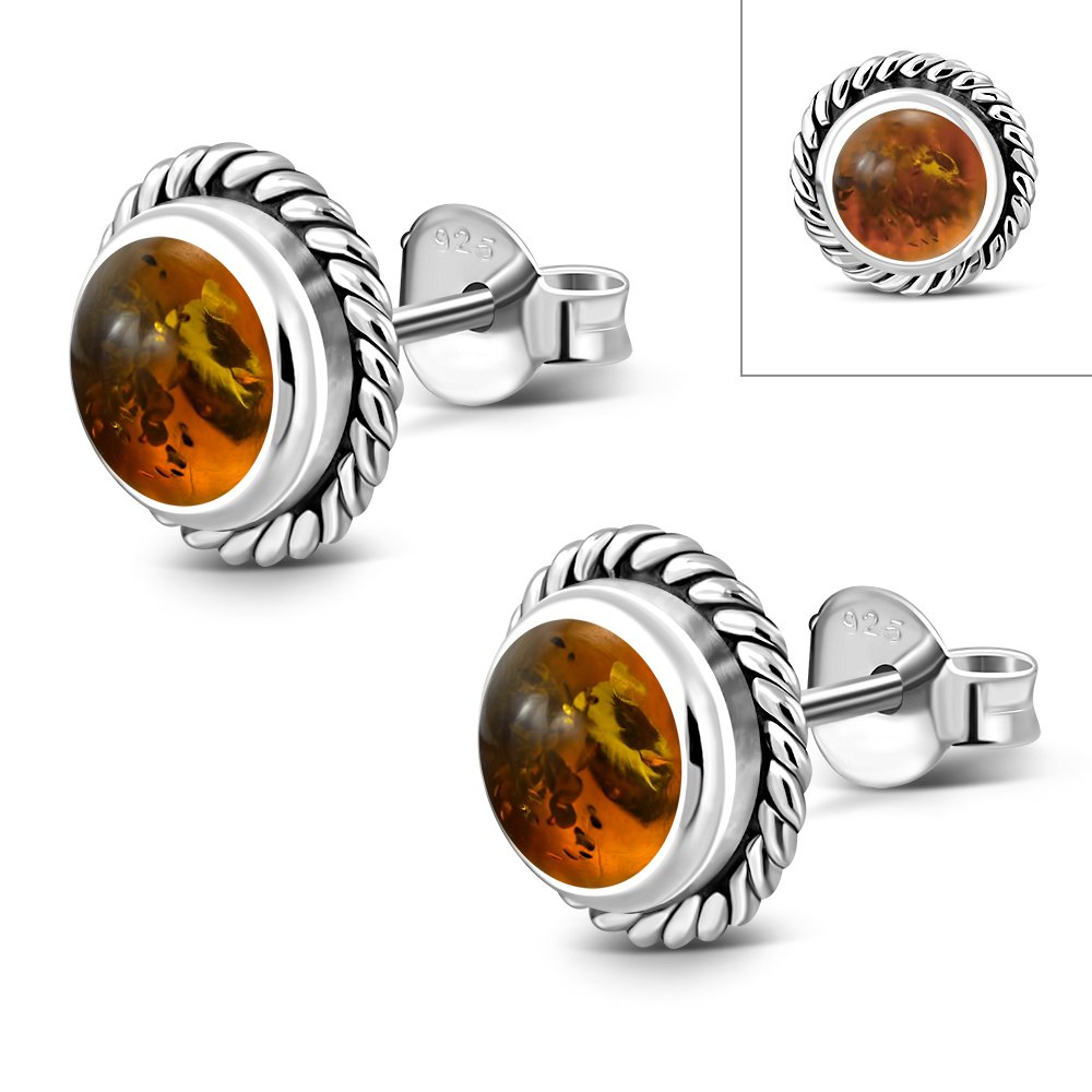 Creidne - Round Baltic Amber Stud Silver Earrings - 2 PCS. -