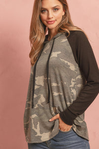 Thumbnail for Riah Fashion - Camouflage Hacci Sleeved Contrast Hoodie With Drawstrings - 1 COLOR -