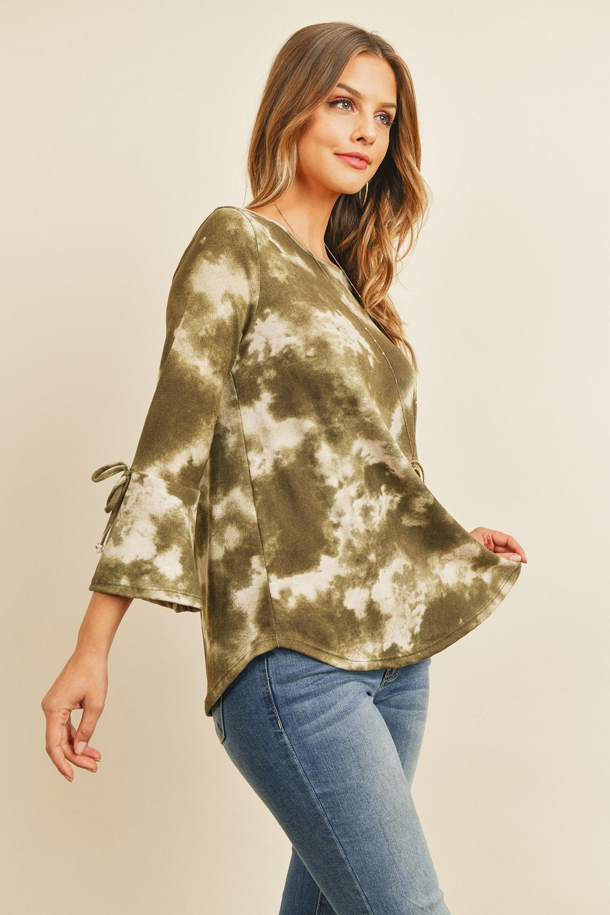 Riah Fashion - Tie Dye Bell Sleeved Ribbon Detail Swing Top - 3 COLORS -