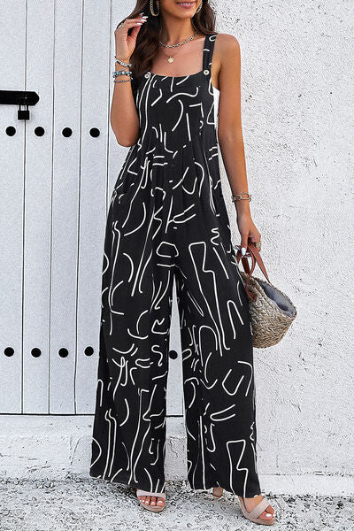 Printed Wide Strap Jumpsuit with Pockets - T - 4 COLORS -