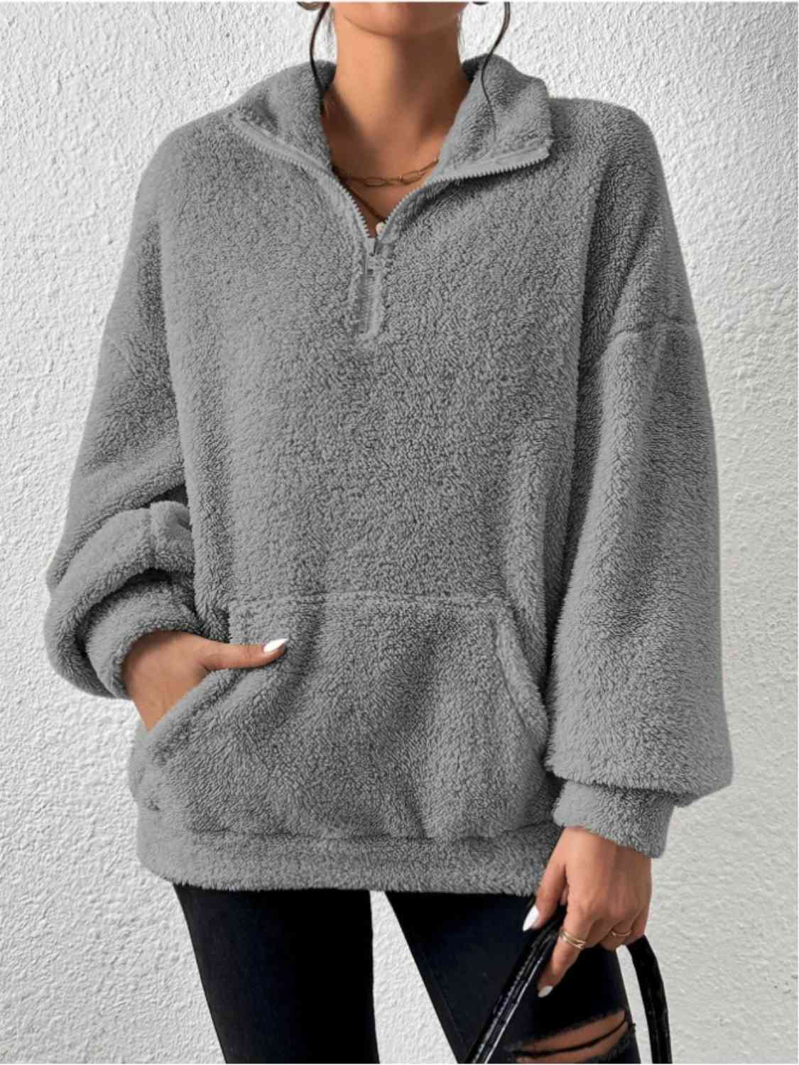 Half Zip Drop Shoulder Sweatshirt with Pocket - T - 3 COLORS -