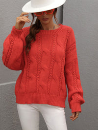 Thumbnail for Woven Right Cable-Knit Openwork Round Neck Sweater - T - 6 COLORS -