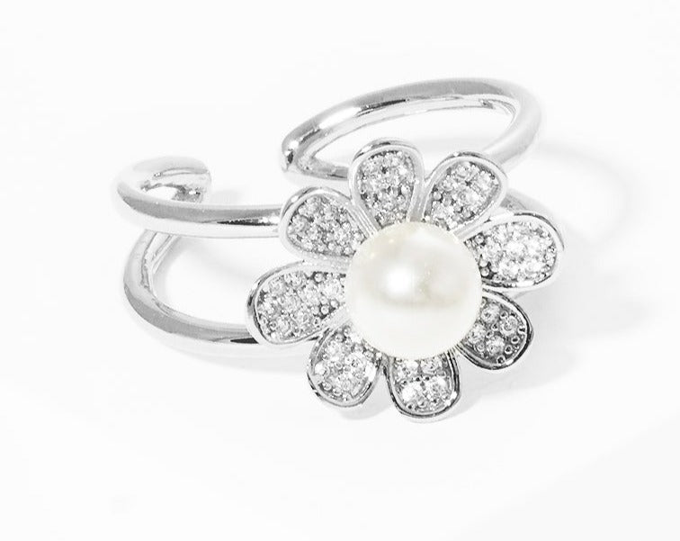 White Gold Dipped CZ Flower Acrylic Pearl Adjustable Ring -