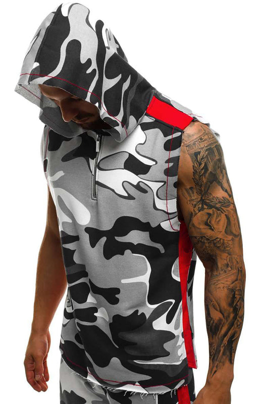 Men's Printed Sleeveless Hooded Tank Top - K - 3 CAMO COLORS -