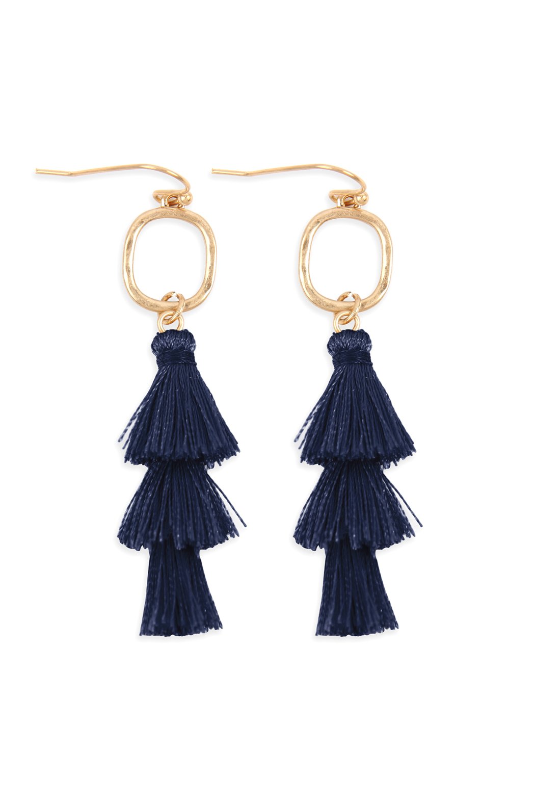 Three Drop Tassel With Metal Hook Earrings - 11 COLORS -