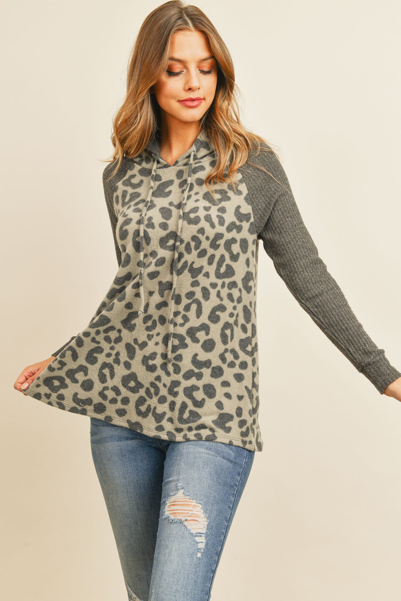 Riah Fashion - Waffle Sleeve Leopard Drawstring Hoodie - 3 COLORS -