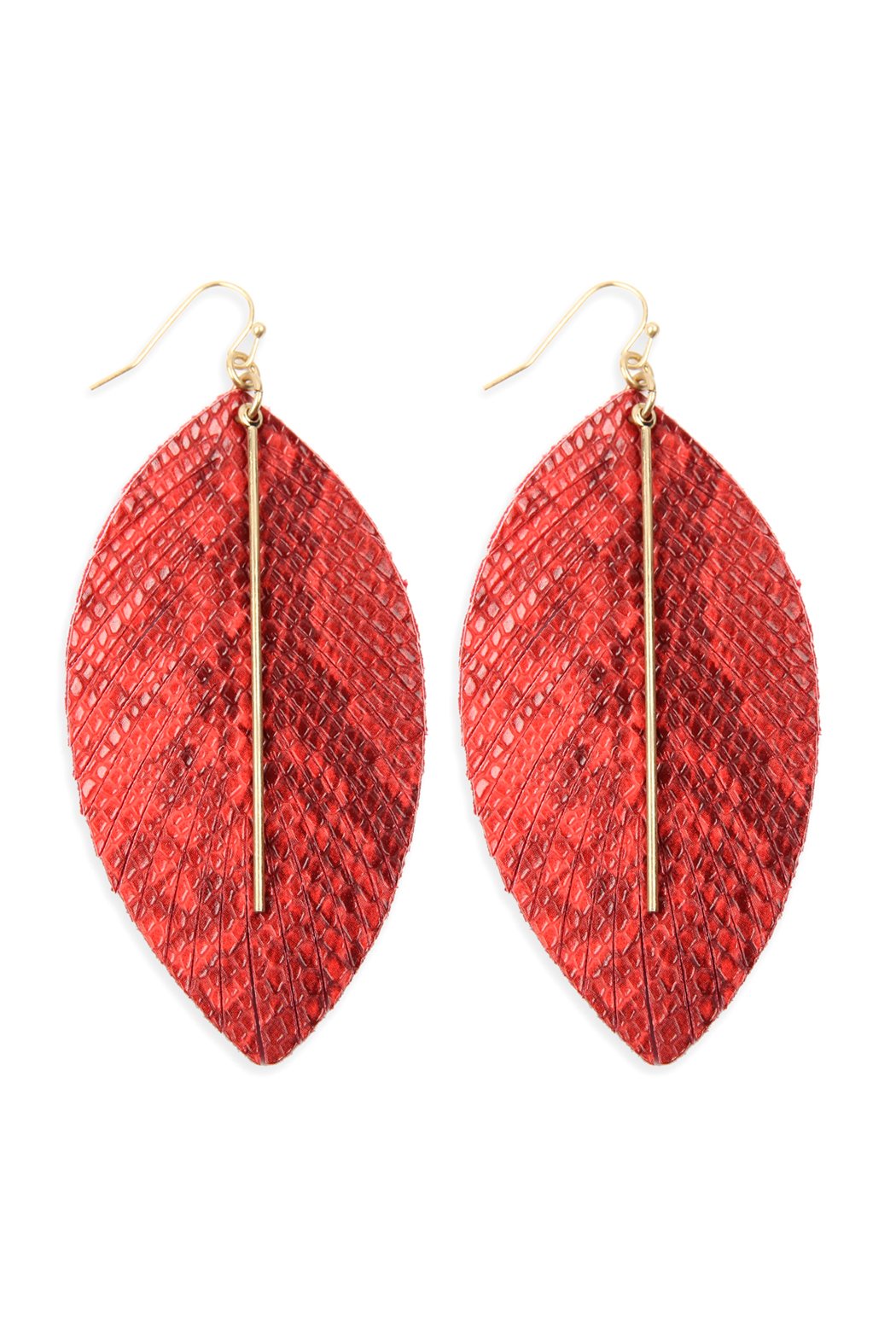 Leather Feather Snakeskin Fish Hook Bar Earrings - 5 COLORS -