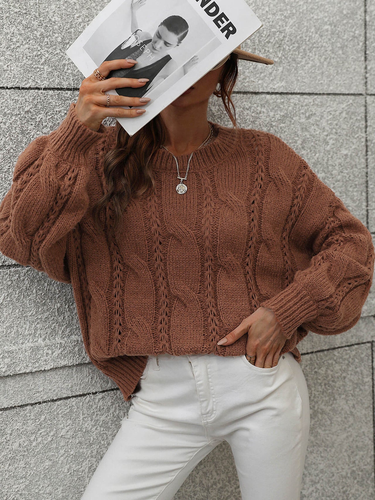 Woven Right Cable-Knit Openwork Round Neck Sweater - T - 6 COLORS -