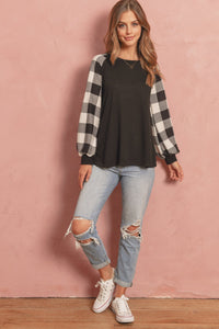 Thumbnail for Riah Fashion - Plaid Puff Sleeved Round Neck Top - 3 COLORS -