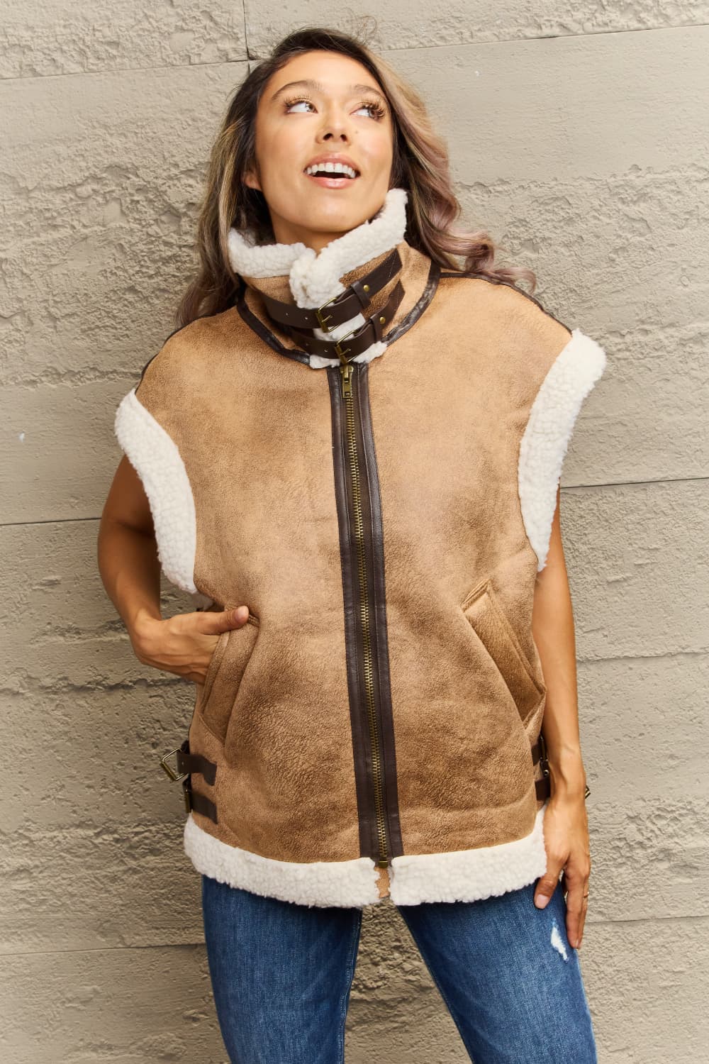 Collared Zip-Up Suede Sherpa Vest - T - 3 COLORS -