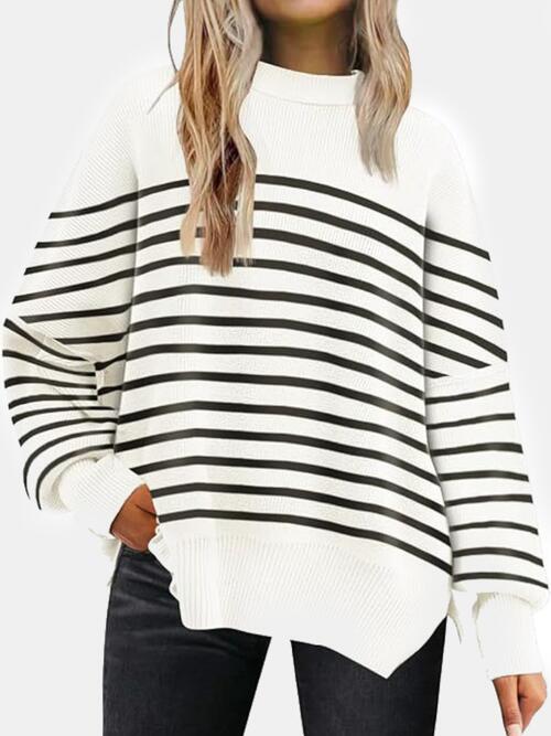 Round Neck Drop Shoulder Slit Sweater - T - 13 COLORS/STRIPES -