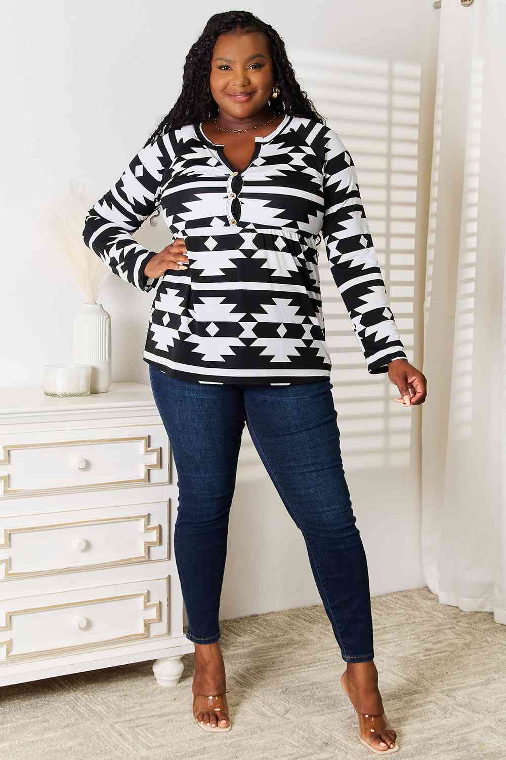 Heimish Full Size Geometric Notched Neck Long Sleeve Top - SIZES S THRU 3XL - T - 1 COLOR -