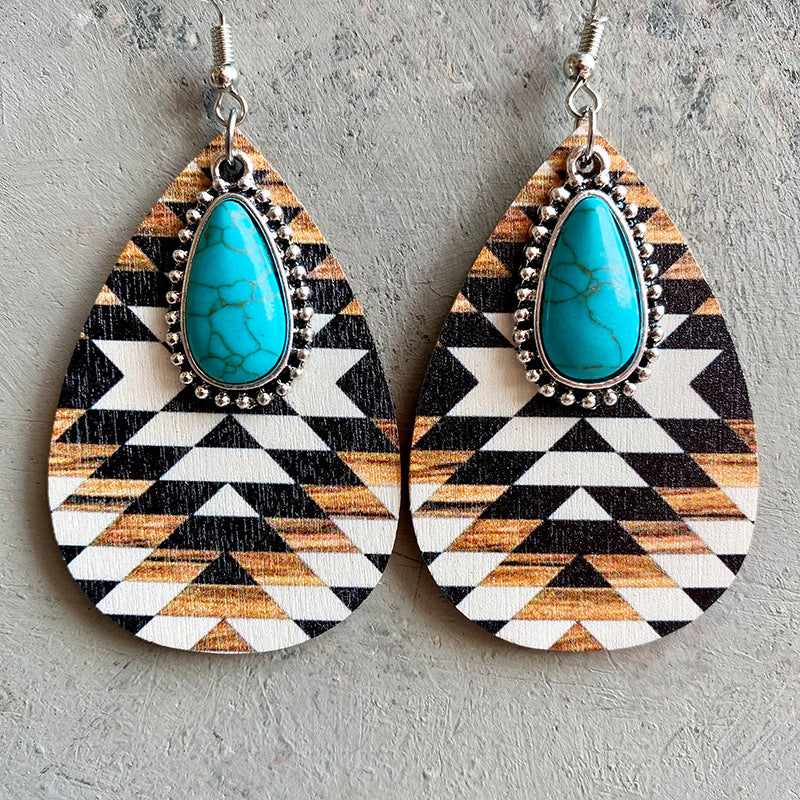 Turquoise Teardrop Shape Wooden Dangle Earrings - T - 3 STYLES -