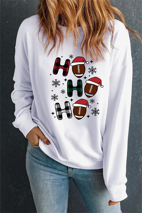 HO HO HO Football Graphic Round Neck Drop Shoulder Sweatshirt - T- 1 COLOR -