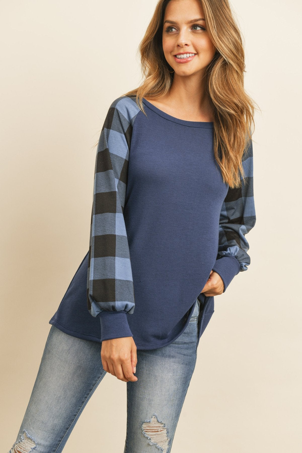 Riah Fashion - Plaid Puff Sleeved Round Neck Top - 3 COLORS -