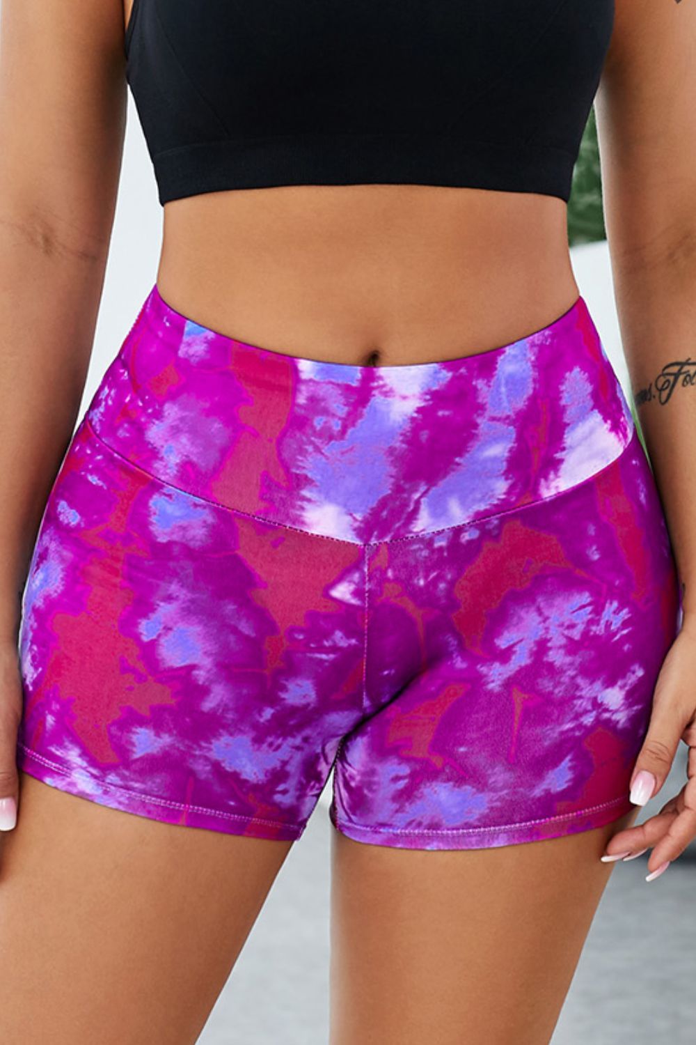 Tie-Dye Wide Waistband Yoga Shorts - T - 1 COLOR -