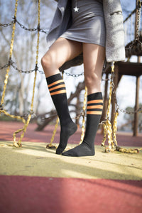 Thumbnail for Women's Black Pumpkin Stripe Knee High Socks - 1 COLOR -