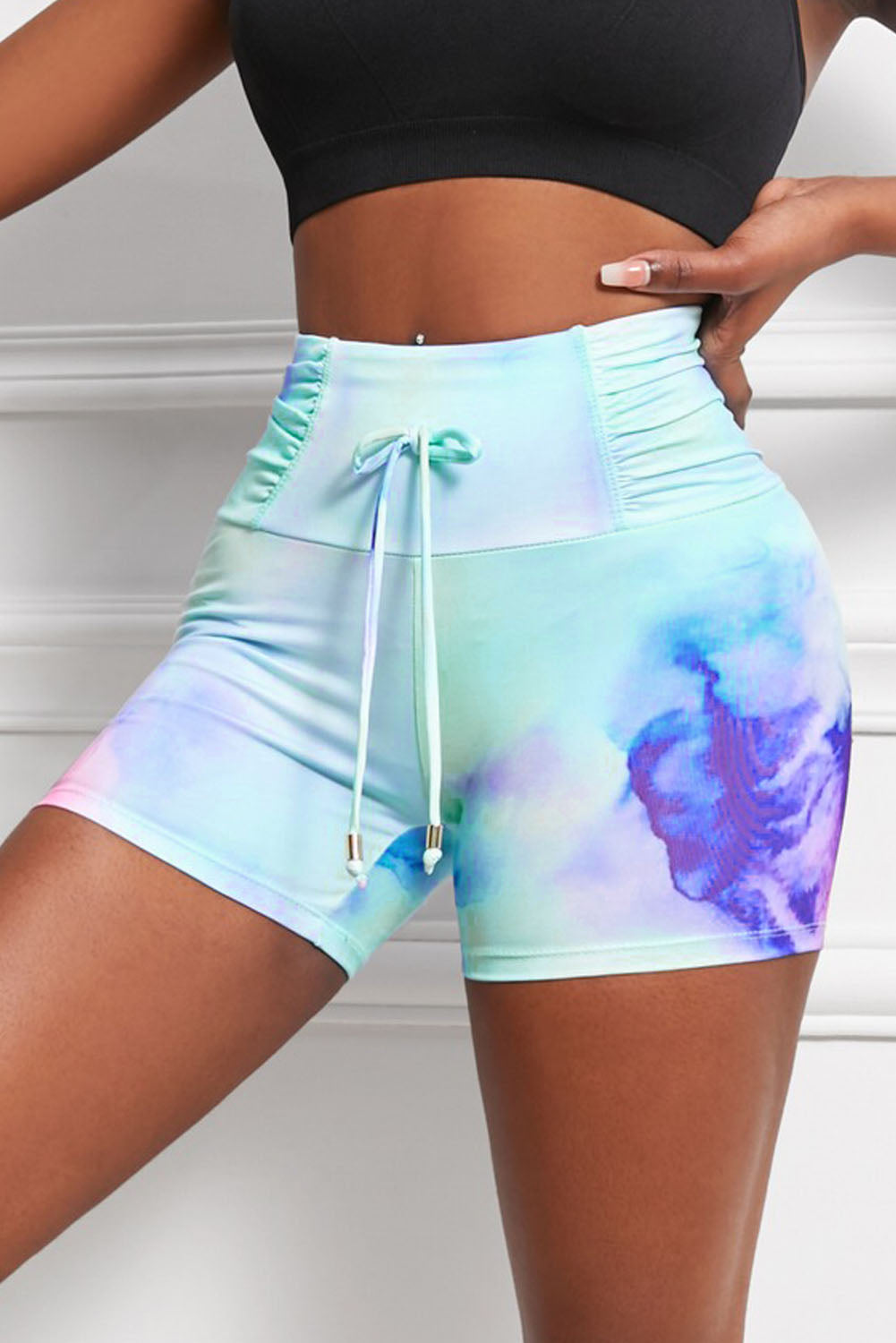 Tie-Dye Tie Detail Ruched Sports Shorts - T - 1 MULTI COLOR -