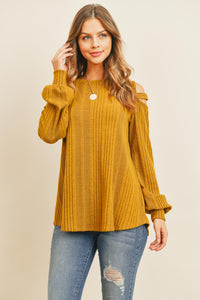 Thumbnail for Riah Fashion - Ladder Open Shoulder Long Sleeved Rib Detail Top - 4 COLORS -