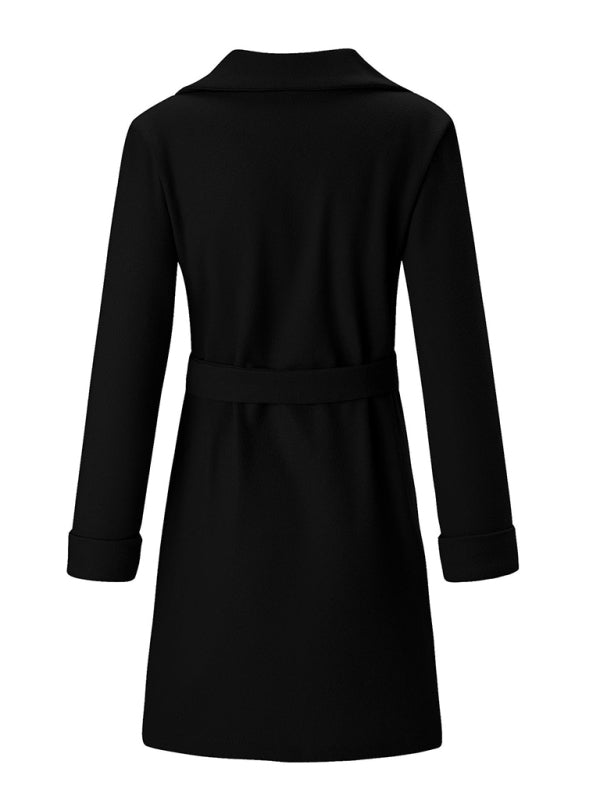 Women’s Stylish Solid Color Classy Collared Overcoat With Waist Tie And Hand Pockets - K - 3 COLORS --