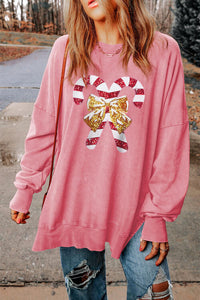 Thumbnail for Sequin Candy Cane Round Neck Slit Sweatshirt - T - 2 COLORS -