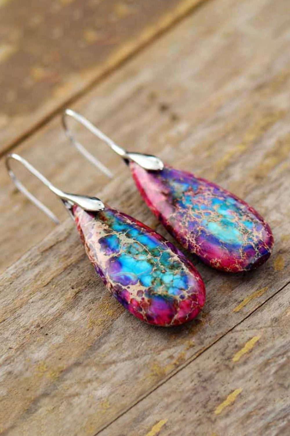 Handmade Teardrop Shape Natural Stone Dangle Earrings - T - 6 STONES / COLORS -