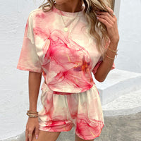 Thumbnail for Printed Round Neck Dropped Shoulder Half Sleeve Top and Shorts Set - T - 2 PCS. - 1 PATTERN -