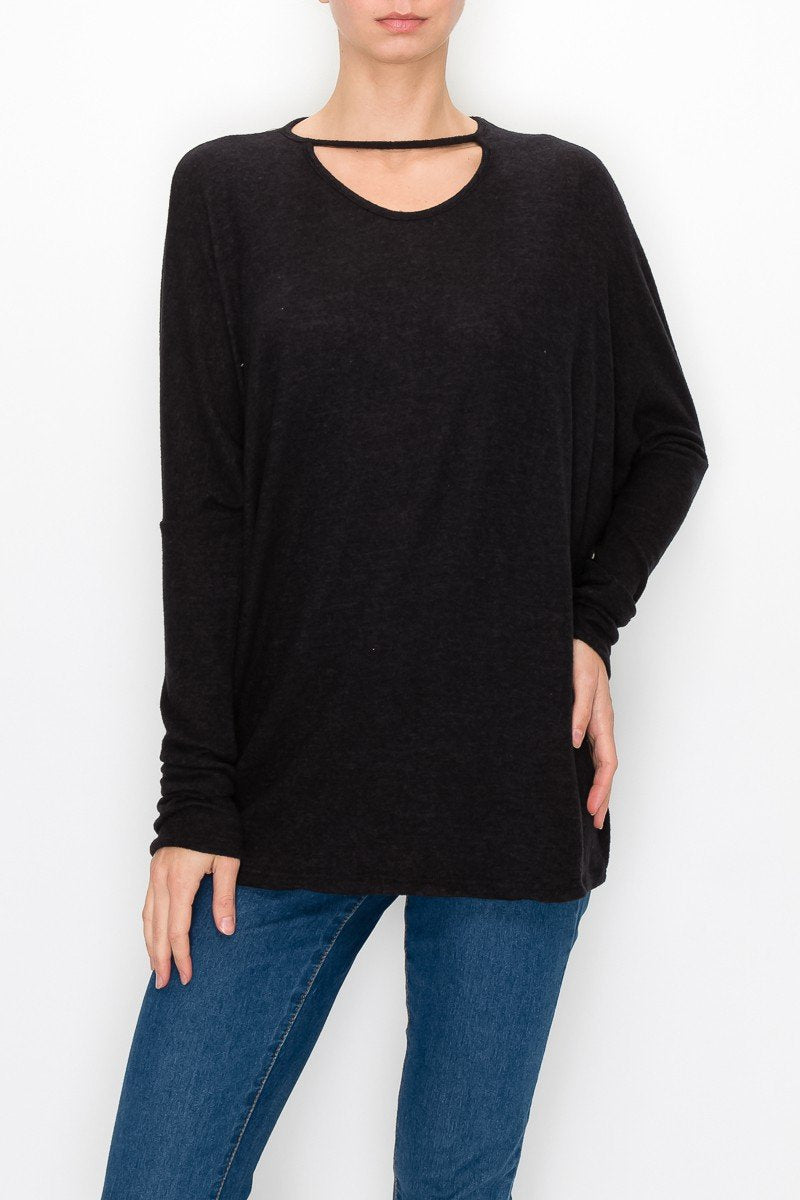 Stylespect - Cutout Front Long Sleeve Top - Black - 1 COLOR -