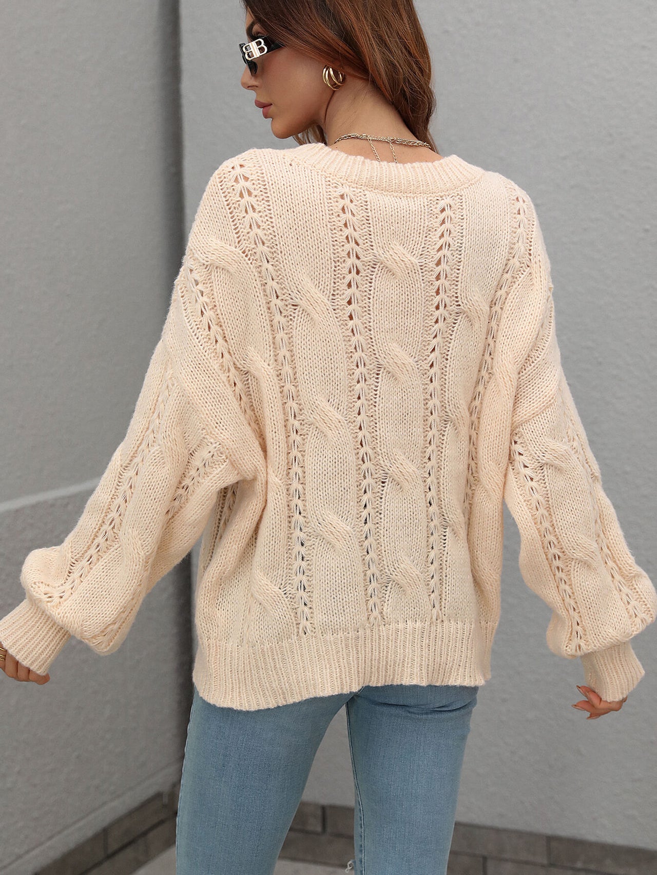 Woven Right Cable-Knit Openwork Round Neck Sweater - T - 6 COLORS -