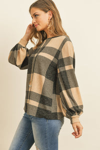 Thumbnail for Riah Fashion - Boat Neck Puff Sleeves Plaid Top - 3 COLORS -