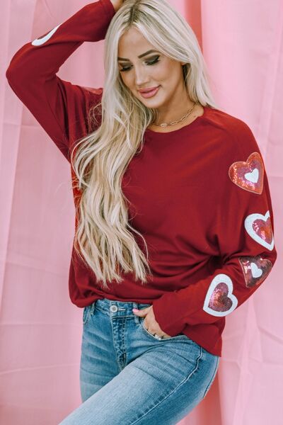 Heart Sequin Round Neck Long Sleeve T-Shirt - T - 1 COLOR -