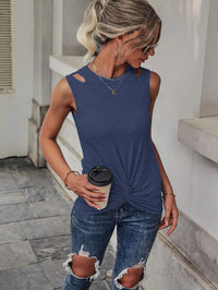 Thumbnail for Women's Solid Color Cutout Knot Front Tank Top - K - 9 COLORS -