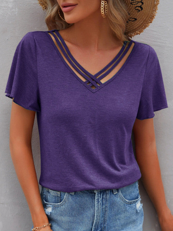 Women's Solid Color Cross Straps V-Neck Tee - K - 6 COLORS -