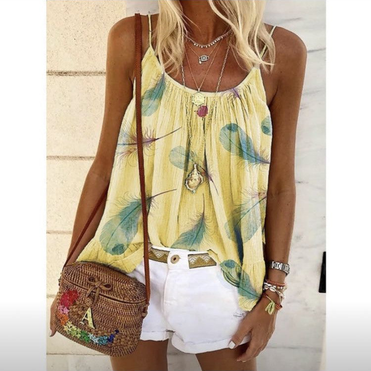 Women's New Tops Loose Feather Print Camisole T-Shirt - K - 5 COLORS -