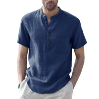 Thumbnail for Men's Woven Casual Stand Collar Linen Short Sleeve Shirt - K - 8 COLORS -