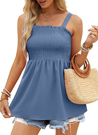 Women's Solid Color Camisole Ruffle Pleated Tank Top - K - 6 COLORS -