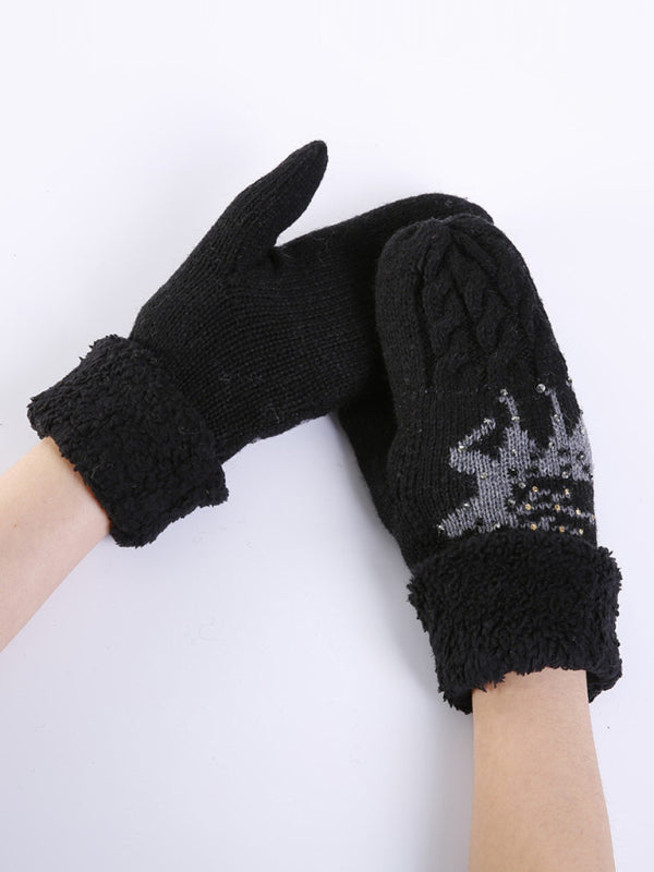 Women's Christmas Fawn Hot Diamond Wool Tie Warm Gloves - K - 1 SIZE FIT / 5 COLORS -