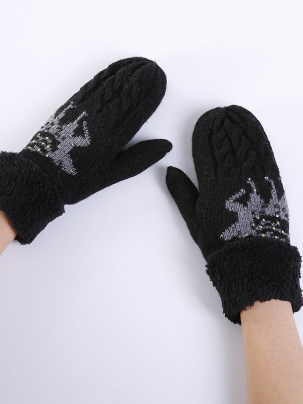 Women's Christmas Fawn Hot Diamond Wool Tie Warm Gloves - K - 1 SIZE FIT / 5 COLORS -