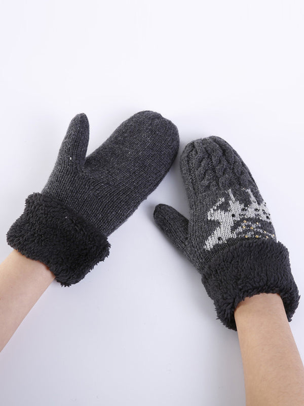 Women's Christmas Fawn Hot Diamond Wool Tie Warm Gloves - K - 1 SIZE FIT / 5 COLORS -