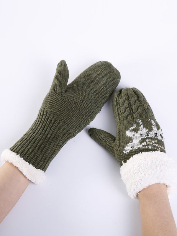 Women's Christmas Fawn Hot Diamond Wool Tie Warm Gloves - K - 1 SIZE FIT / 5 COLORS -