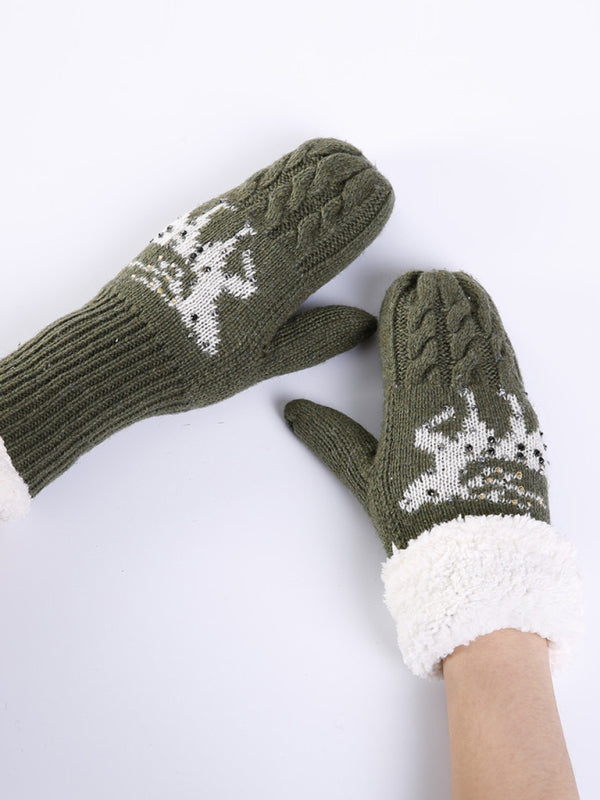 Women's Christmas Fawn Hot Diamond Wool Tie Warm Gloves - K - 1 SIZE FIT / 5 COLORS -