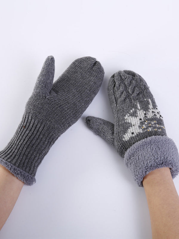 Women's Christmas Fawn Hot Diamond Wool Tie Warm Gloves - K - 1 SIZE FIT / 5 COLORS -