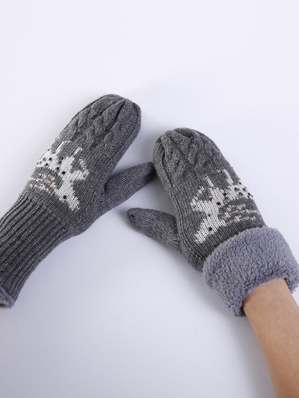 Women's Christmas Fawn Hot Diamond Wool Tie Warm Gloves - K - 1 SIZE FIT / 5 COLORS -