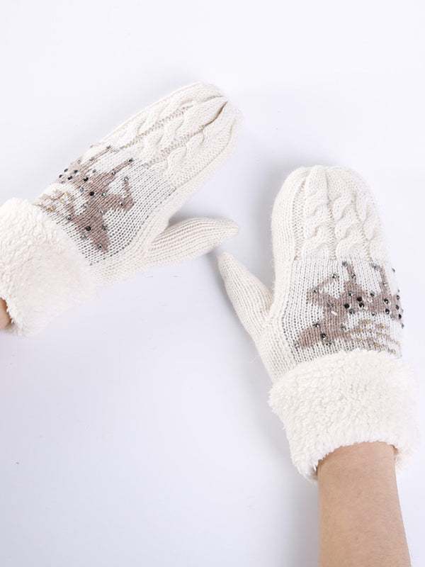 Women's Christmas Fawn Hot Diamond Wool Tie Warm Gloves - K - 1 SIZE FIT / 5 COLORS -