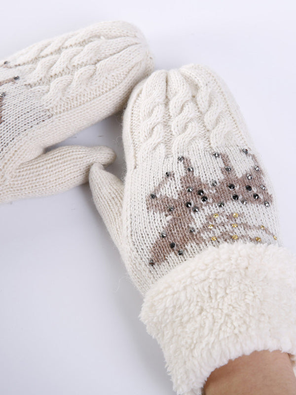 Women's Christmas Fawn Hot Diamond Wool Tie Warm Gloves - K - 1 SIZE FIT / 5 COLORS -