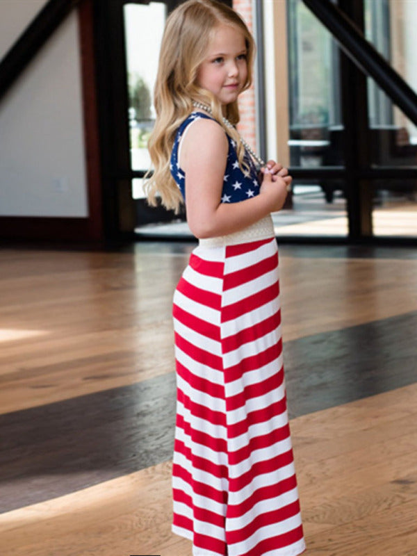 Children's American flag printing vest dress Mother and Daughter clothing - SEE MOTHERS DRESS FOR MATCH - K - 1 PATTERN -