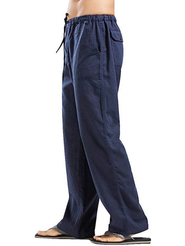 Men's Solid Color Linen Blend Drawstring Pants - K - 9 COLORS -