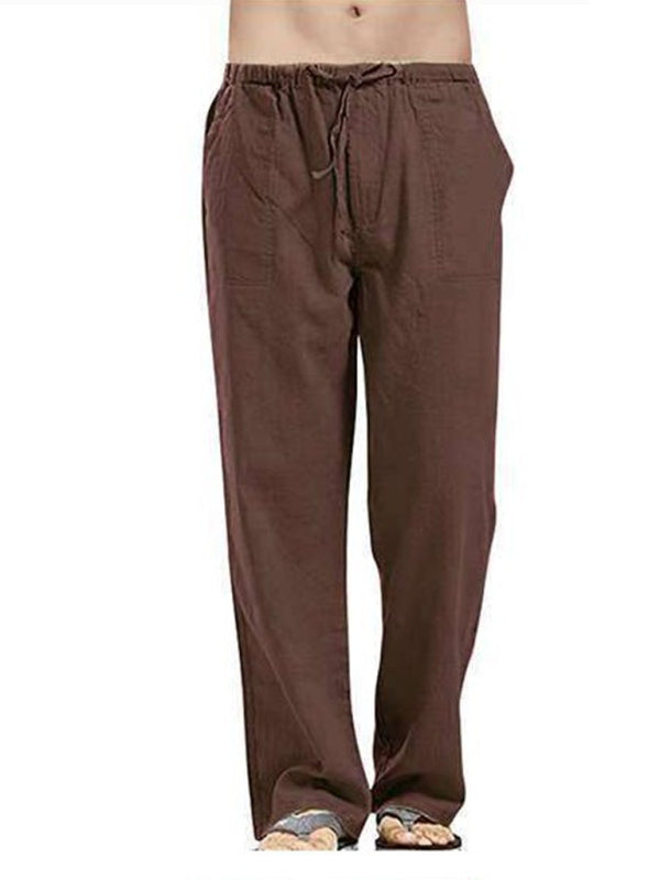 Men's Solid Color Linen Blend Drawstring Pants - K - 9 COLORS -